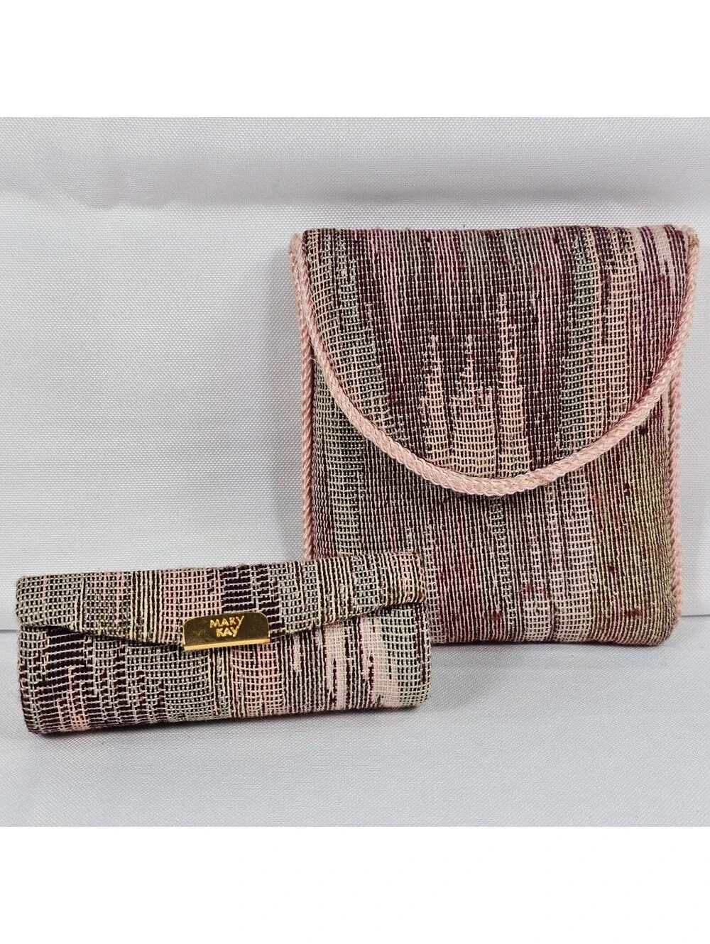 Vintage Mary Kay Woven Tapestry Lipstick Case and Compact Pouch Set Pink Gold